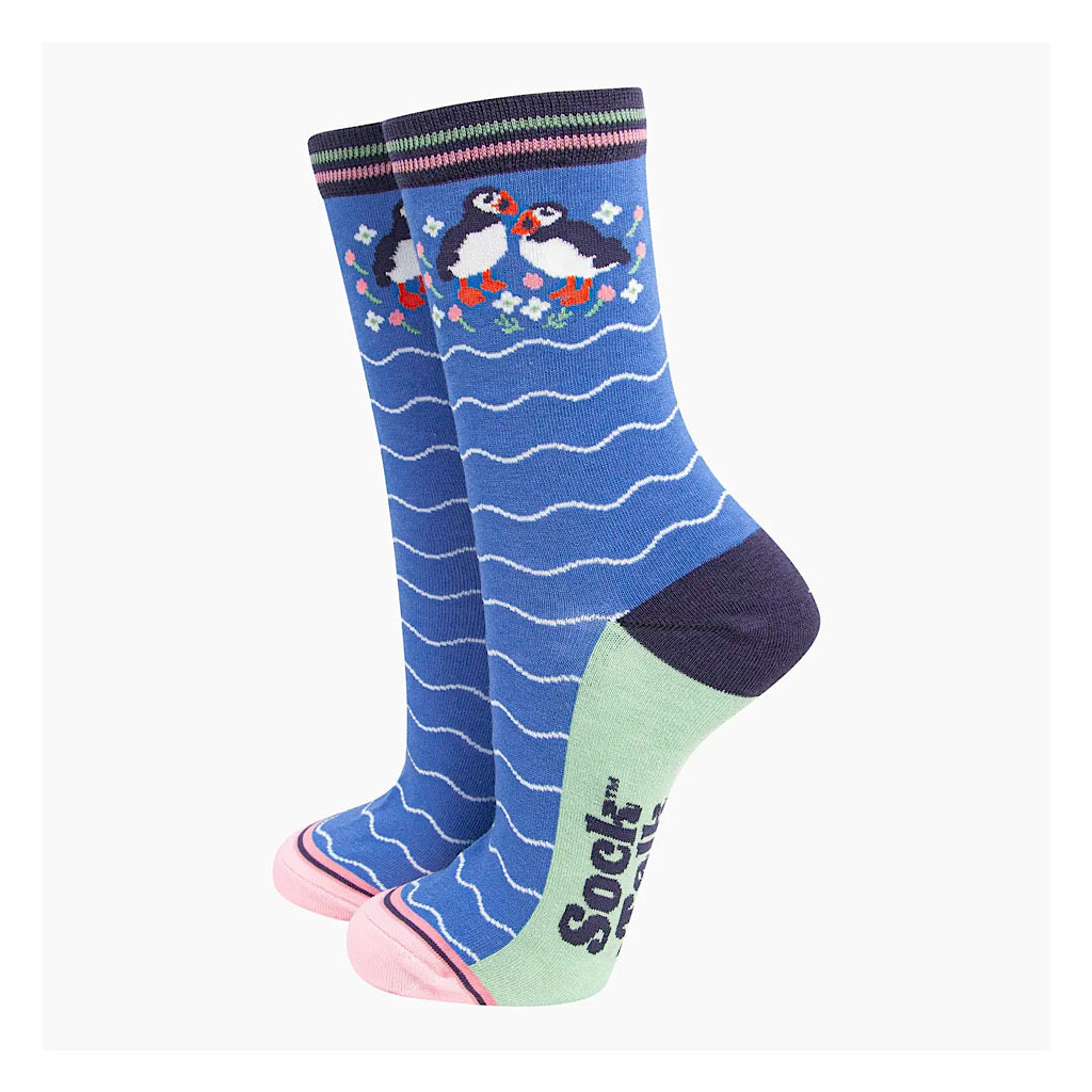 Ladies Bamboo Socks | Blue Puffins and Flowers