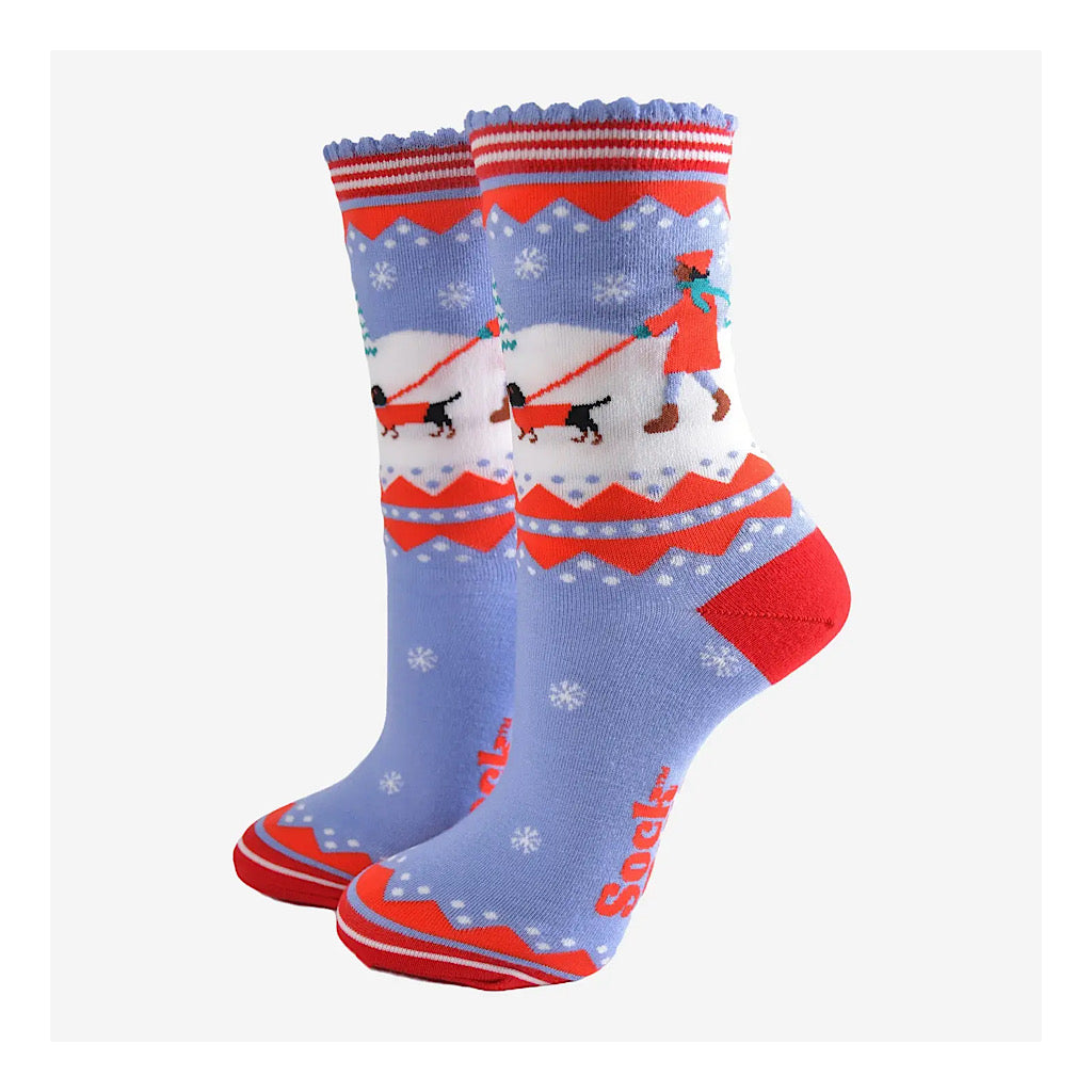 Ladies Bamboo Socks | Blue/Red Sausage Dog Walk