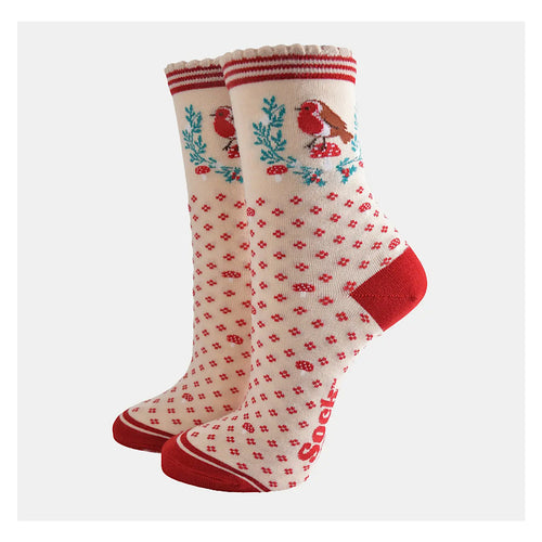 Ladies Bamboo Socks | Cream/Red Christmas Robin Wreath