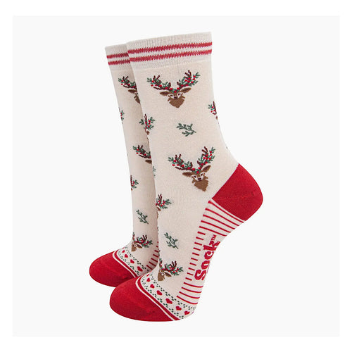 Ladies Bamboo Socks | Cream/Red Floral Reindeer