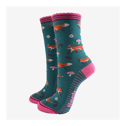 Ladies Bamboo Socks | Green/Pink Fox Woodland
