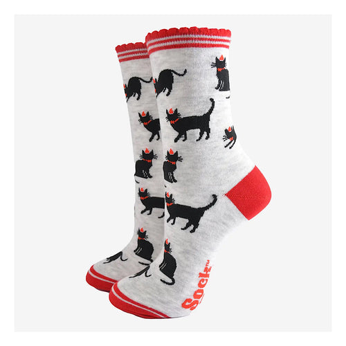 Ladies Bamboo Socks | Grey/Red Christmas Cats