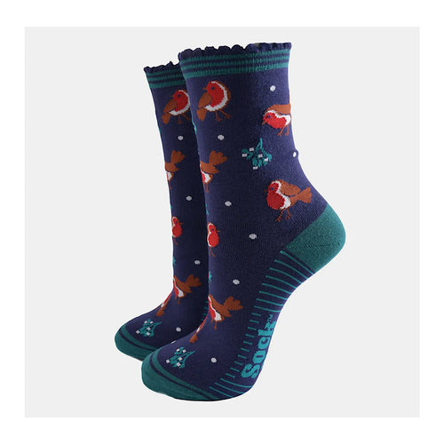 Ladies Bamboo Socks | Navy Blue/Green Christmas Robin