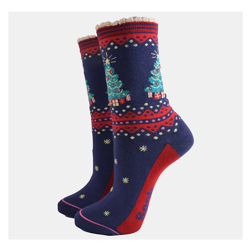 Ladies Bamboo Socks | Navy Blue/Red Classic Christmas Tree