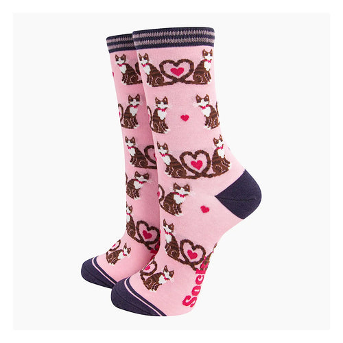 Ladies Bamboo Socks | Pink Cats Love Heart Tails