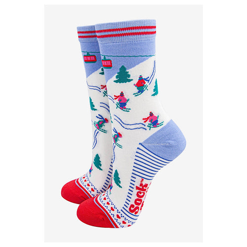 Ladies Bamboo Socks | Sky Blue/Red Mountain Ski