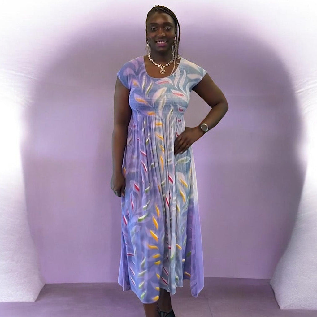 Lavender Feather Print Smocked Maxi Dress – Bucks Leather