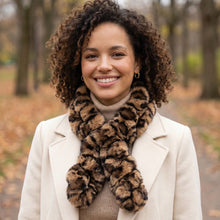 Load image into Gallery viewer, Leopard Print Faux Fur Pull-Through Scarf – Brown &amp; Black (on model)
