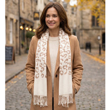 Load image into Gallery viewer, Leopard Print Fringed Scarf – Cream &amp; Rust (on coat)
