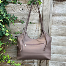Load image into Gallery viewer, Luxe Bitter Chocolate Adjustable Strap Shoulder Bag (back)
