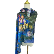 Load image into Gallery viewer, Monet Water Lily Art Print Wool Scarf (on model)

