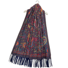 Load image into Gallery viewer, Navy Intricate Paisley Woven Wool Scarf
