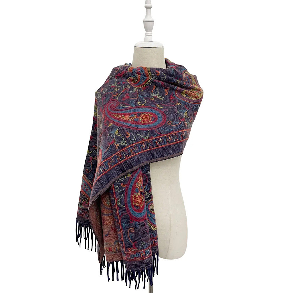 Navy Intricate Paisley Woven Wool Scarf (on model)