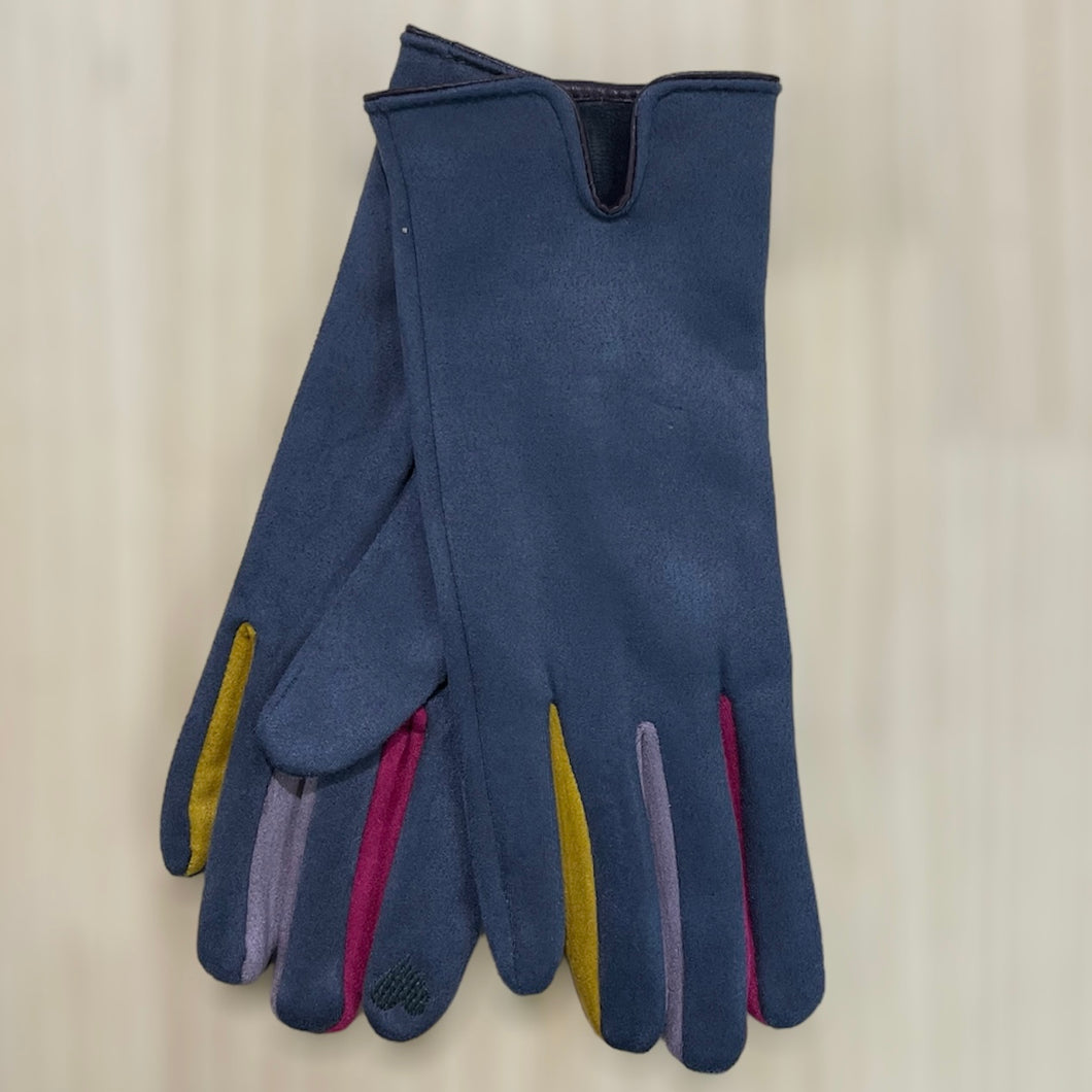 Grey Suedette Gloves with Multi Colour Fingers