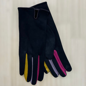 Black Suedette Gloves with Multi Colour Fingers