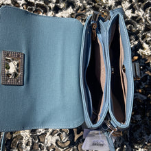 Load image into Gallery viewer, Powder Blue David Jones Turn-Lock Organiser Crossbody Bag (open)
