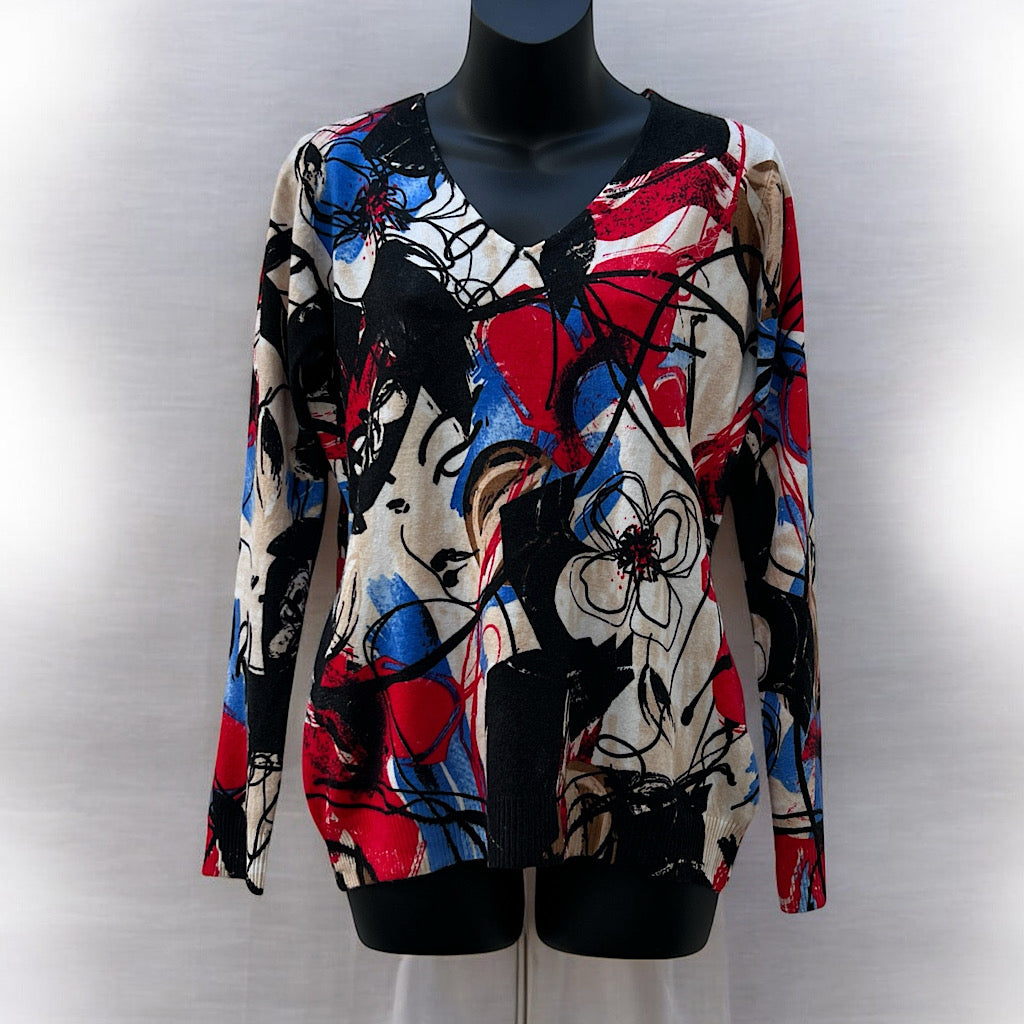 Red & Black Abstract Floral Print V-Neck Knitted Top