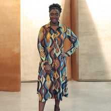 Load image into Gallery viewer, Retro Wave Print Button Front Midi Dress (without belt)

