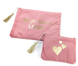 'All You Need Is Love' Set of 2 Velvet Purses | Pink