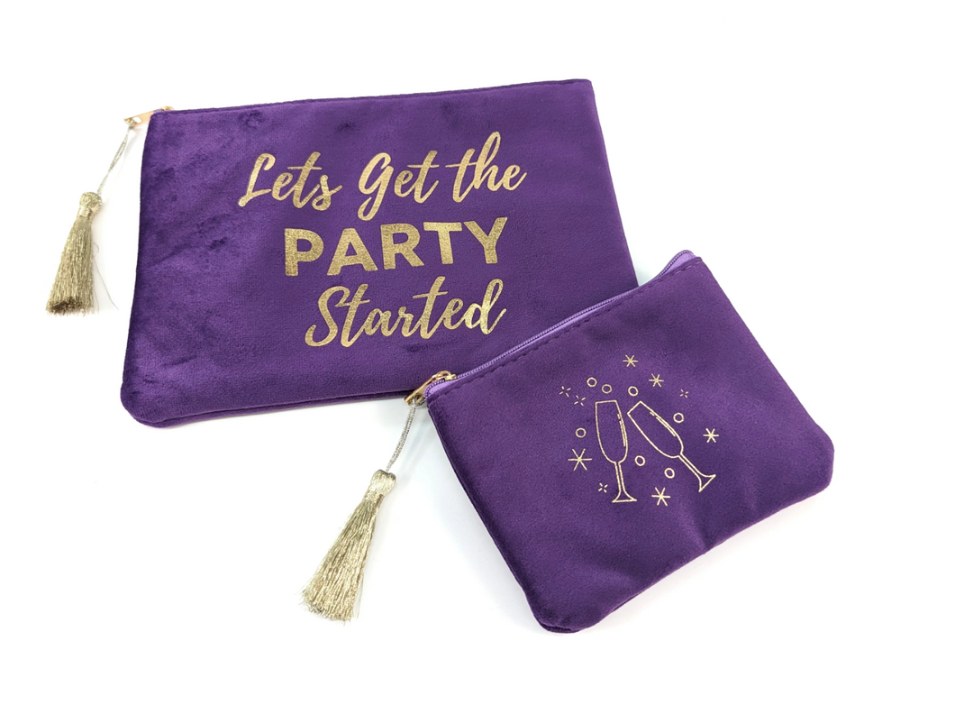 'Lets Get The Party Started' Set of 2 Velvet Purses | Purple