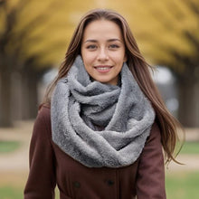 Load image into Gallery viewer, Silver Grey Frost Whisper Faux Fur Infinity Scarf (On model)

