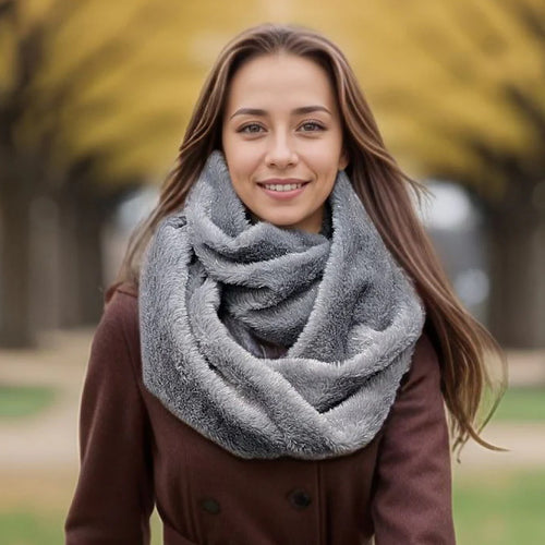 Silver Grey Frost Whisper Faux Fur Infinity Scarf (On model)