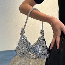 Load image into Gallery viewer, Silver Sequin &amp; Crystal Knot Shoulder Bag (model)
