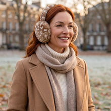 Load image into Gallery viewer, Soft Faux Fur Earmuffs – Fawn Print (on model)
