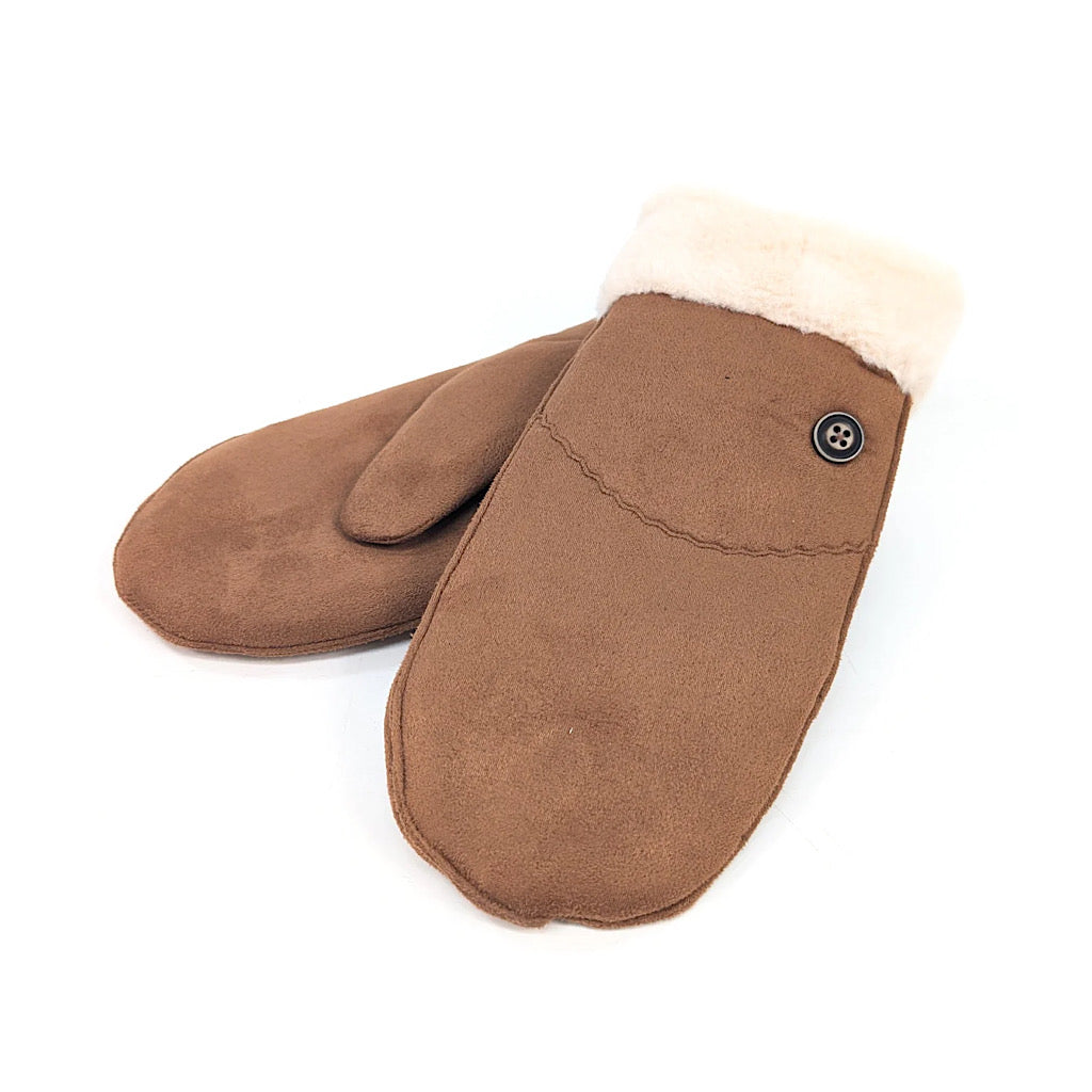 Tan Cosy Button-Detail Faux Suede Mittens