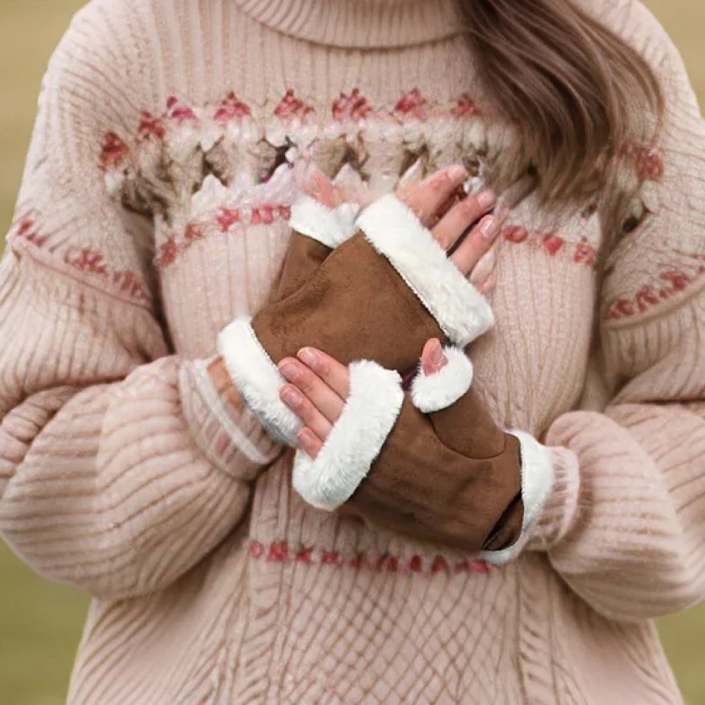 Tan Faux Fur Trim Sheepskin Style Fingerless Gloves