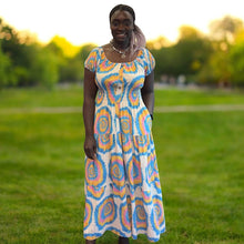 Load image into Gallery viewer, Tie Dye Print Bardot Shirred Maxi Dress with Pockets (blue)
