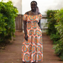 Load image into Gallery viewer, Tie Dye Print Bardot Shirred Maxi Dress with Pockets (coral)
