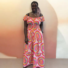 Load image into Gallery viewer, Tie Dye Print Bardot Shirred Maxi Dress with Pockets (pink)
