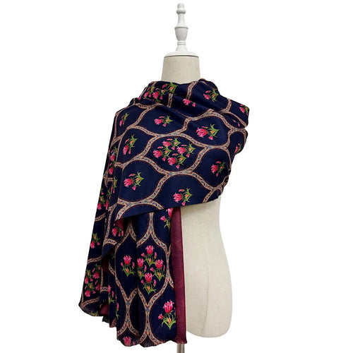 Traditional Tulip Print Wool Scarf (on model)