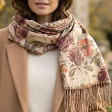 Load image into Gallery viewer, Vintage Floral Rose Print Fringed Scarf (on model)
