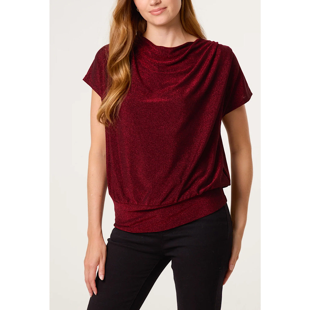 Wine Shimmer Drape Neck Top