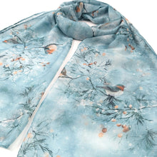 Load image into Gallery viewer, Winter Robin Print Lightweight Scarf – Soft Blue (closeup)
