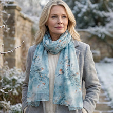 Load image into Gallery viewer, Winter Robin Print Lightweight Scarf – Soft Blue (on model)

