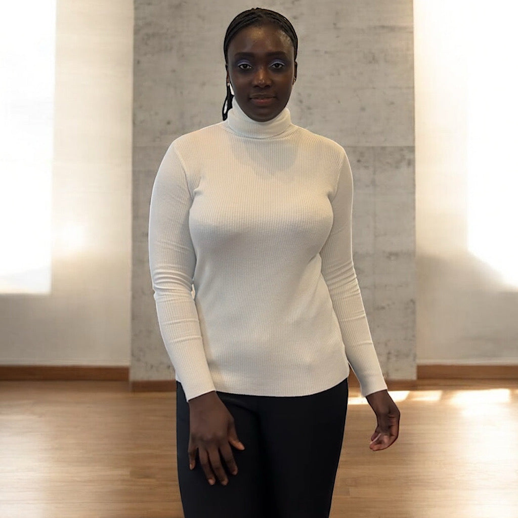 Winter White Stretchy Ribbed Fine Knit Basic Polo Neck Jumper