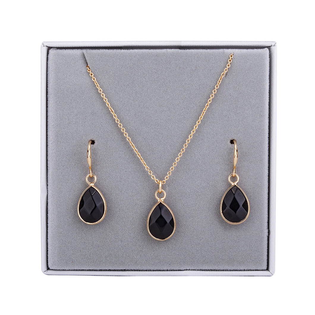 Boxed Black & Gold Semi-Precious Stone Necklace & Earrings Set