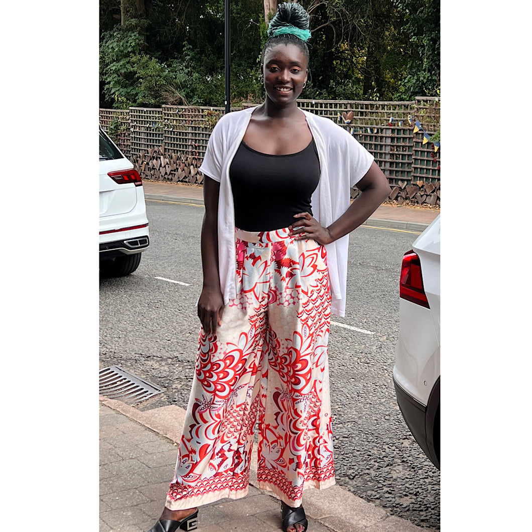 Wide Leg Red Retro Print Trousers