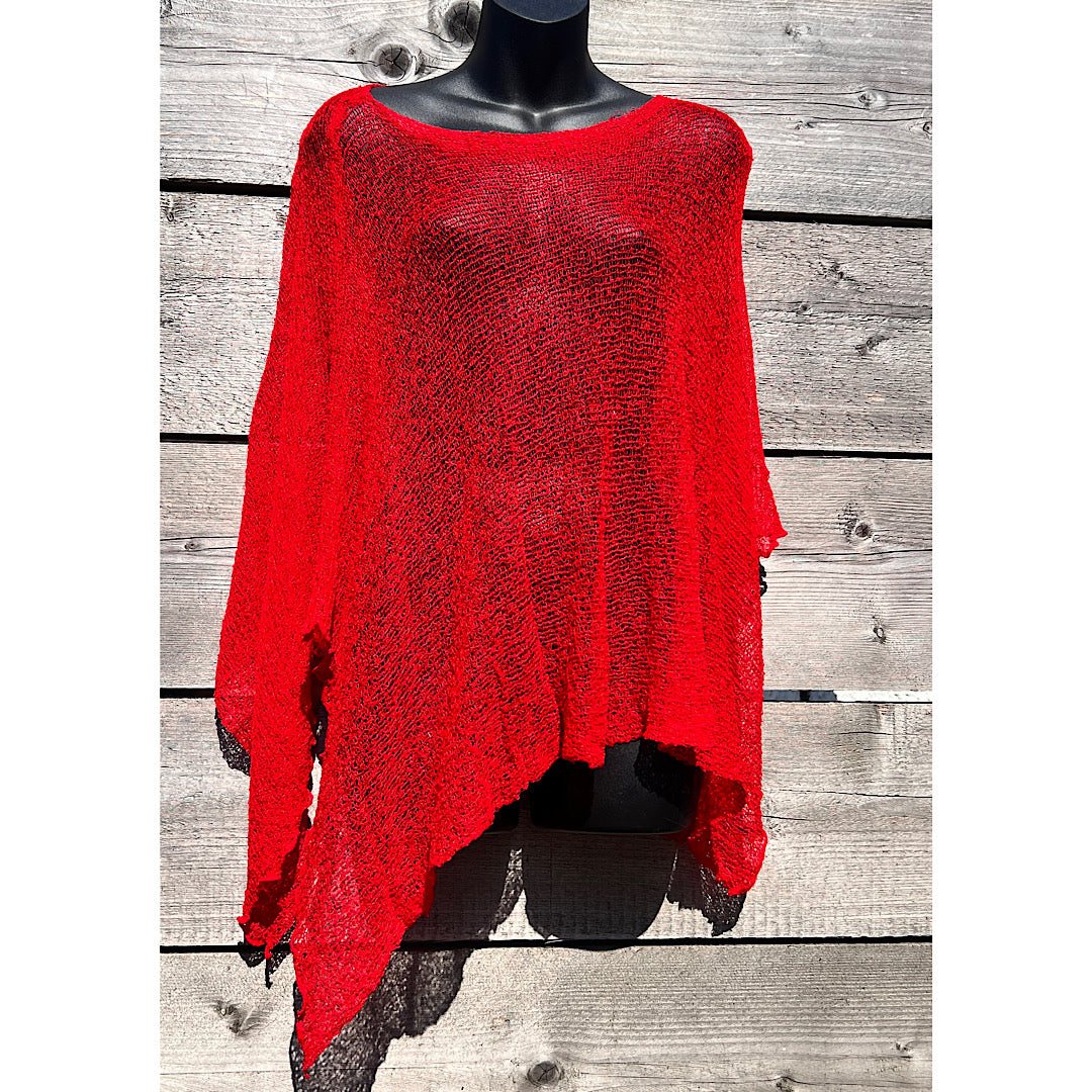 Marianne's Favourite Lightweight Sheer Knit Poncho Red Bucks Leather