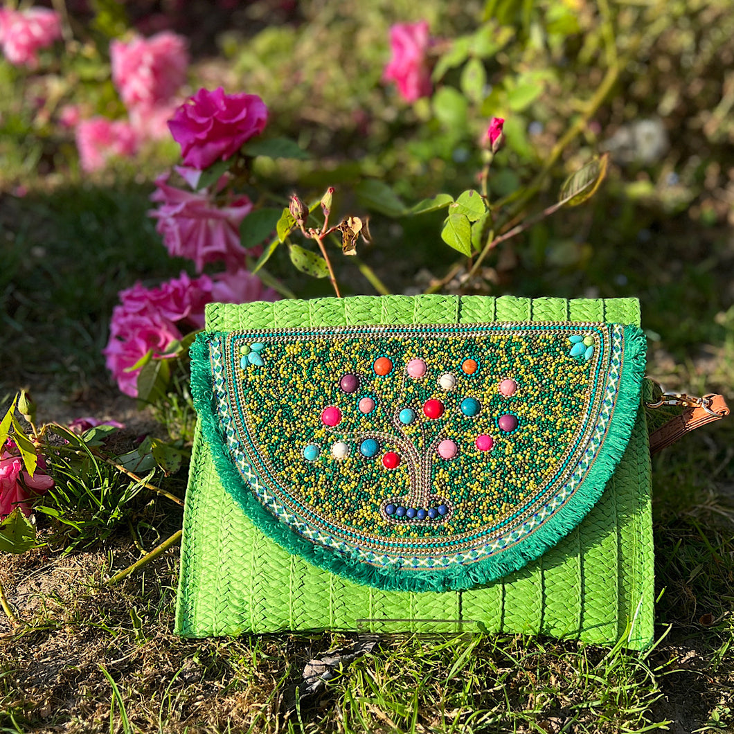 Emerald Beaded Hessian Clutch Bag