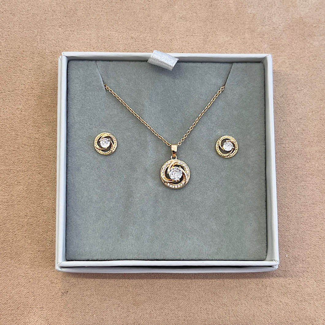 Boxed Gold with Crystal Stone Cubic Zirconia Necklace & Matching Earrings Set