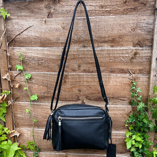 Black Leather 'Alma' Camera Style Bag with Front Zip Pocket (front)