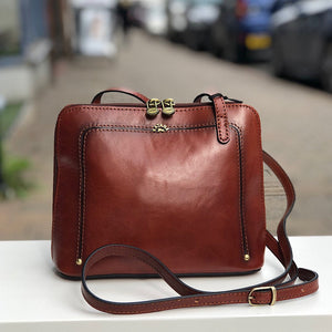 Cognac "Lia" Italian Leather Crossbody Bag (front)