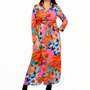Pink & Orange Long Floral Print Dress