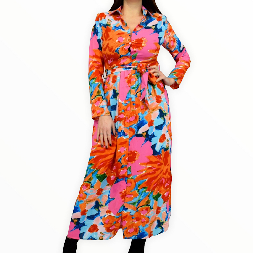 Pink & Orange Long Floral Print Dress