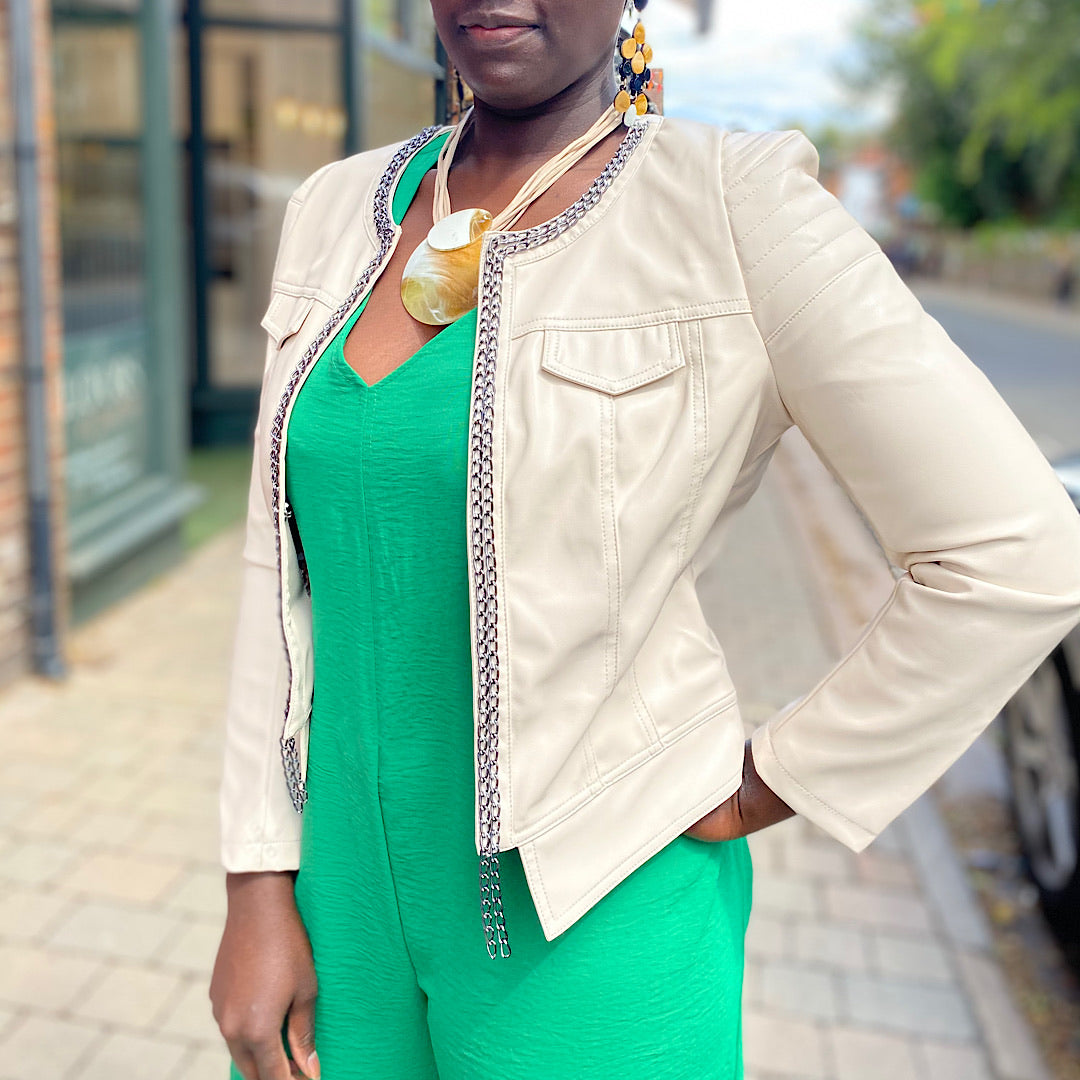 Faux Leather Jacket with Chain Detail Stone Bucks Leather