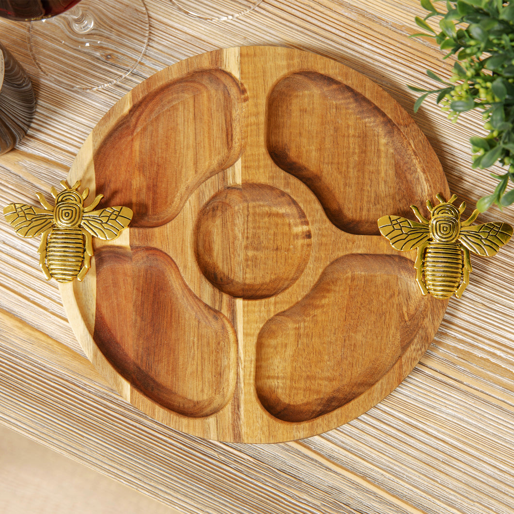 Round Acacia 5 Section Nibbles Board with Bee Handles